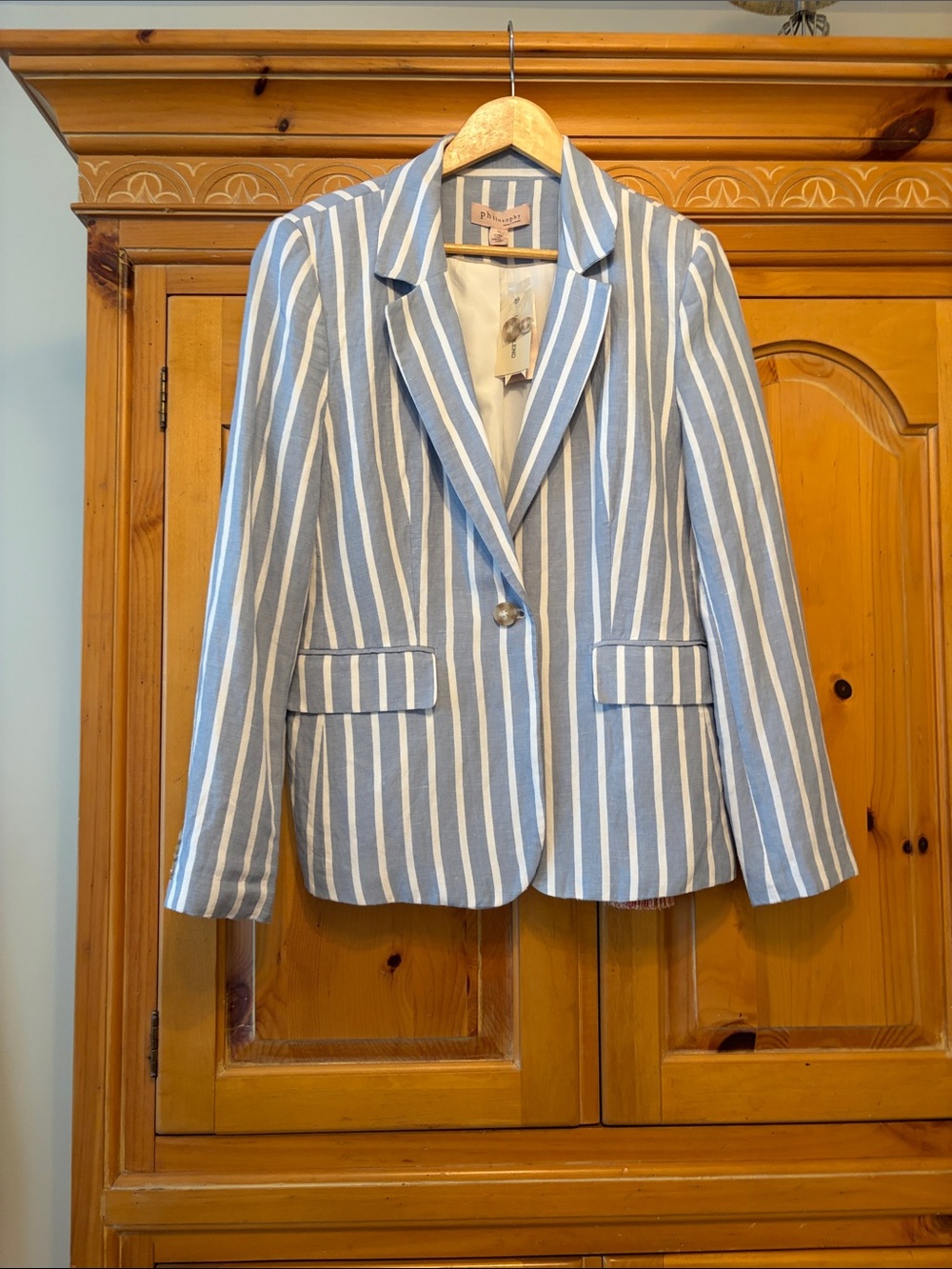 Women's Blue & White Striped Single-Button Blazer